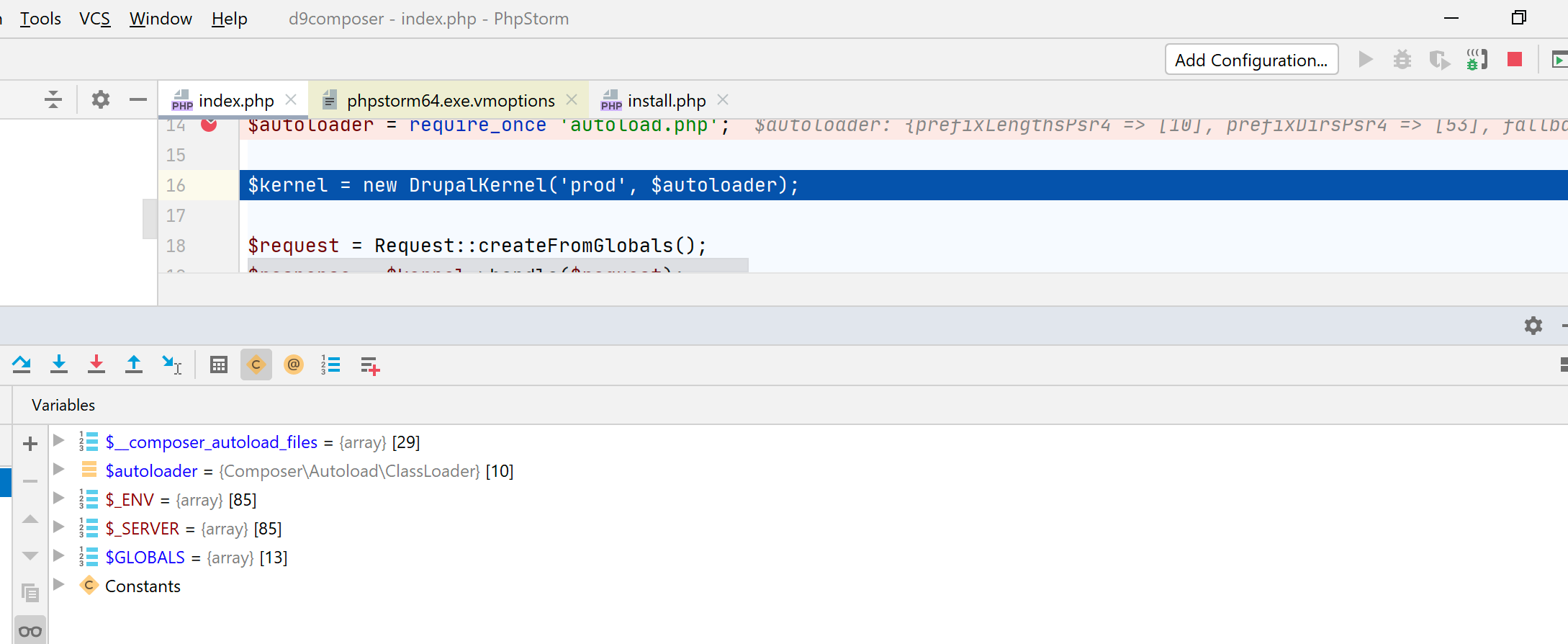 Tightly-cropped screenshot of step-debugging in progress with PhpStorm, with source code in one pane and debug variables in another